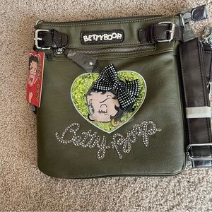 Betty Boop Olive Green and Black Crossbody Bag with Rhinestone Logo Vintage NWT